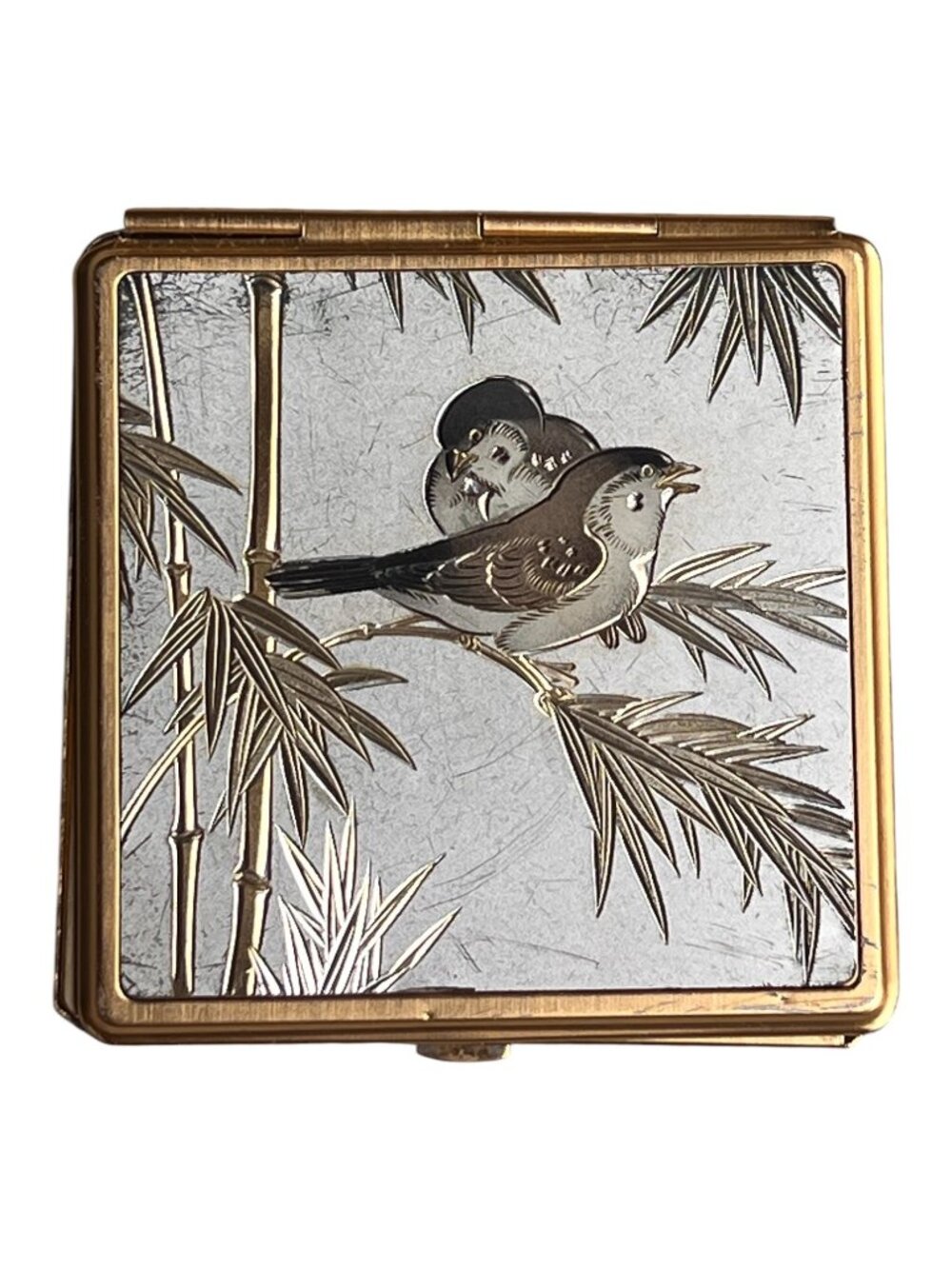 Chokin Dual Mirror Compact Gold Bird & Bamboo Japan Vintage READ metal